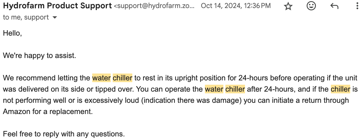 Active Aqua support email sharing instructions for improperly delivered product.
